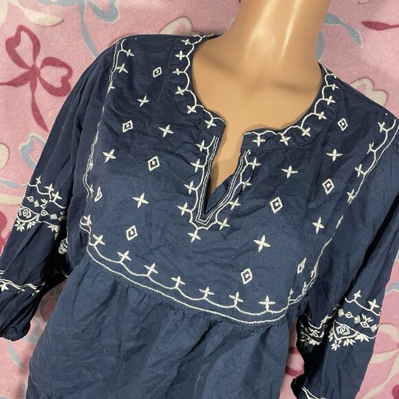 Time & Tru Navy Blue & white Floral Boho Peasant Blouse Size XXL - Picture 6 of 7